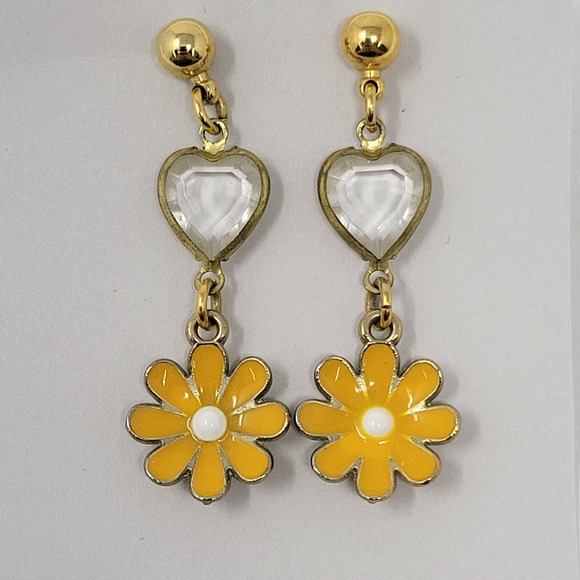 Jewelry - Yellow Enamel Daisy Heart Crystal Drop Earrings Gold Tone Post Dangle Floral
